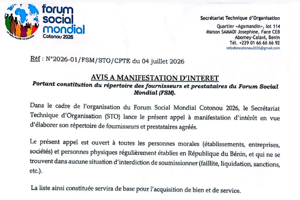 APPEL À MANIFESTATION D&rsquo;INTÉRÊT : RECRUTEMENT DES FOURNISSEURS ET PRESTATAIRES POUR LE FSM COTONOU 2026