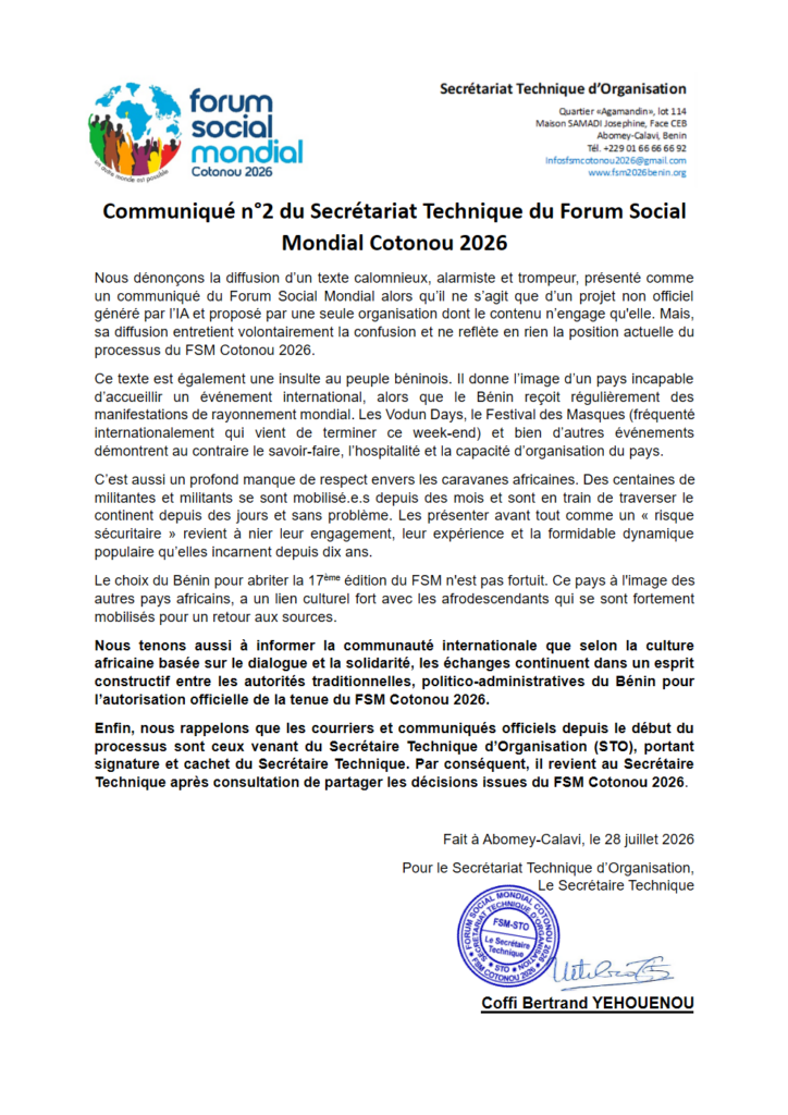 Communiqué n°2 du Secrétariat Technique d’Organisation du Forum Social Mondial Cotonou 2026