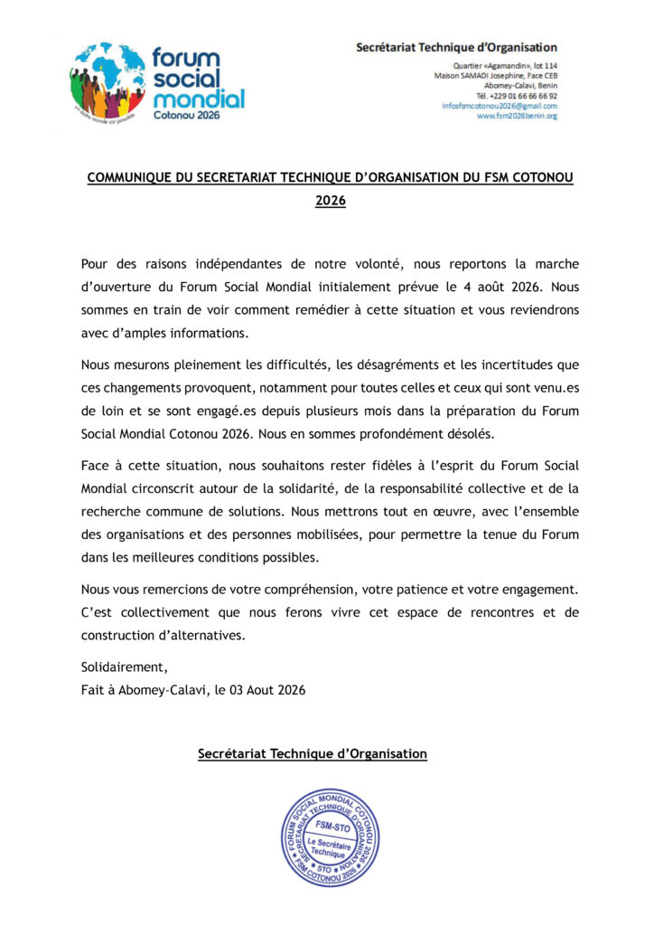 COMMUNIQUE DU SECRETARIAT TECHNIQUE D’ORGANISATION DU FSM COTONOU 2026