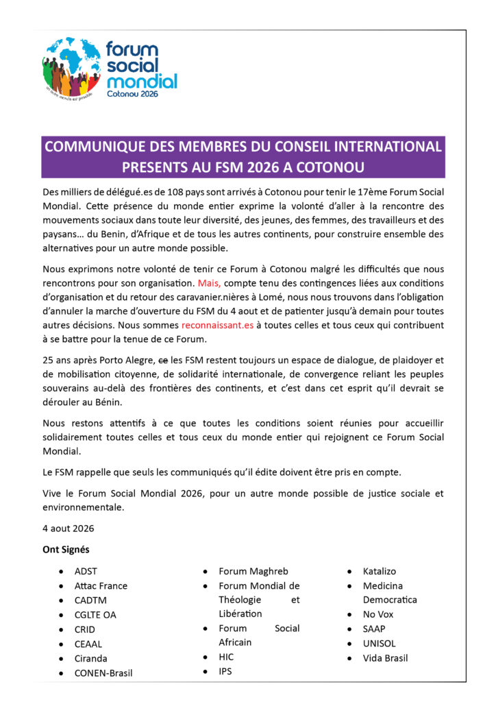 COMMUNIQUE DES MEMBRES DU CONSEIL INTERNATIONAL PRESENTS AU FSM 2026 A COTONOU